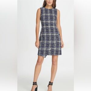 New! DKNY SZ 6, blue/black multi tweed asymmetrical work dress.